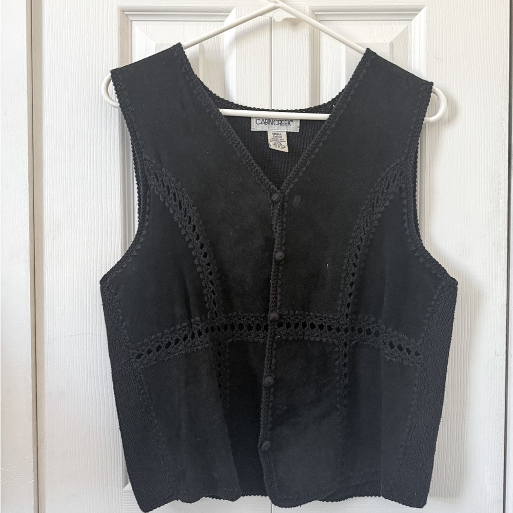 Vintage Black Suede Leather Vest with Crochet Details